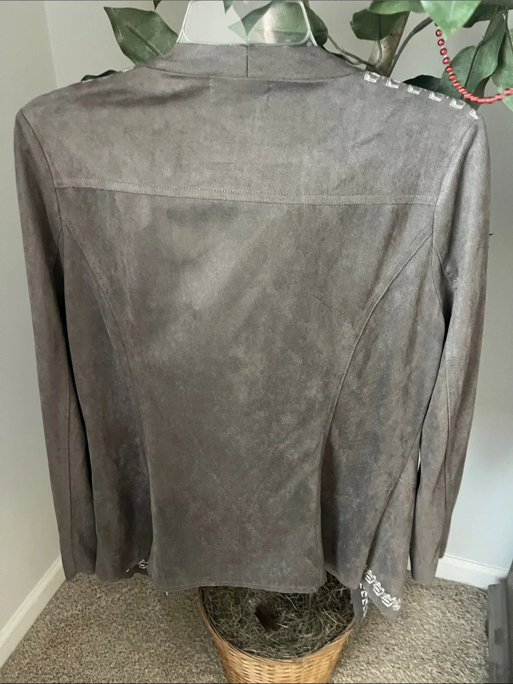 fab'rik Taupe Suede-Style Embroidered Open Front Jacket